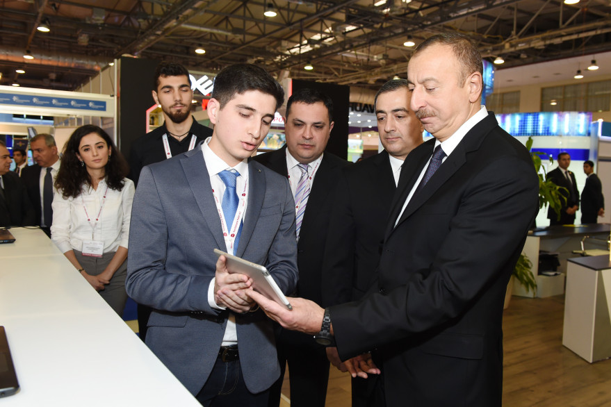 President Ilham Aliyev views  Bakutel 2016 exhibition