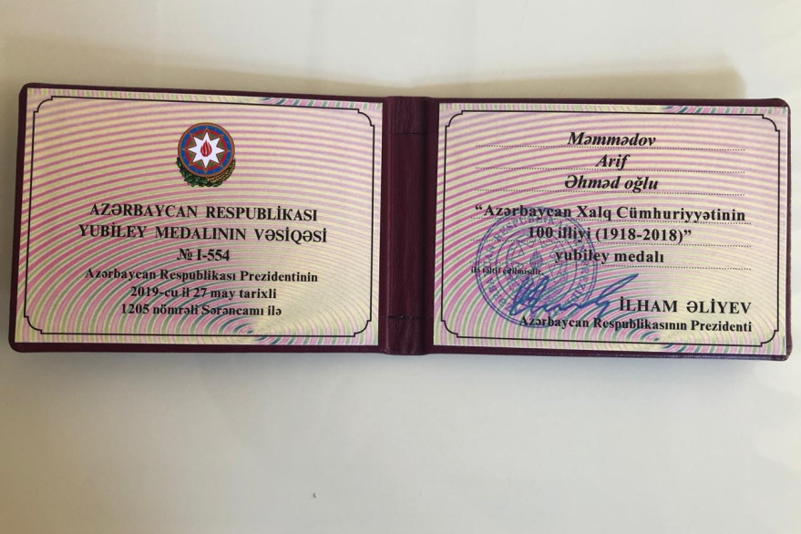 Dövlət Mülki Aviasiya Agentliyinin direktoru “Azərbaycan Xalq Cümhuriyyətinin 100 illiyi (1918-2018)” yubiley medalı ilə təltif olunub