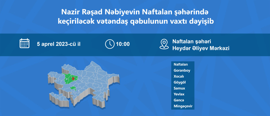 Nazir Rəşad Nəbiyev Naftalan şəhərində vətəndaşları 5 apreldə qəbul edəcək